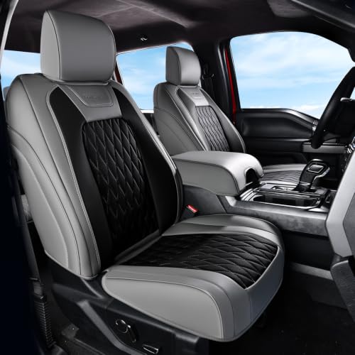 Image of Coverado Premium Leather Truck Front Seat Covers - Custom Fit, Waterproof, Heavy Duty, Anti-Spill, Scratch Resistant Protector for Ford F150 2015-2026, F250-F450, BGray