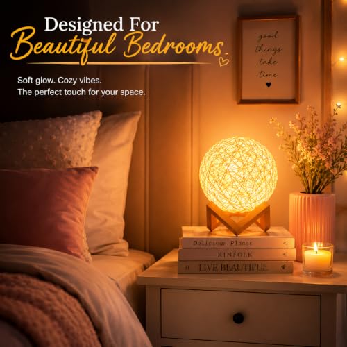 Image of Quace Moon Lamp with LED Fairy Lights, 15cm Rattan Ball Night Lamp for Bedroom, Kids Room & Living Room Decor, Warm White Decorative Table Lamp, Bedside Night Light, Gift for Girls & Housewarming