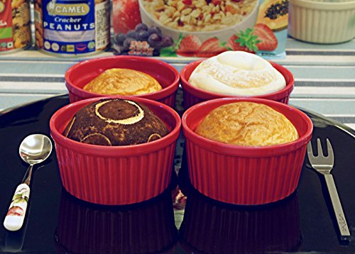 Cinf Porcelain Ramekin Red 8 oz Set of 4 Pudding Bowls Dishes Cup for Baking,Souffle Cups Dishes, Creme Brulee, Custard Cups, Desserts, Oven, Microwave, Freezer and Dishwasher