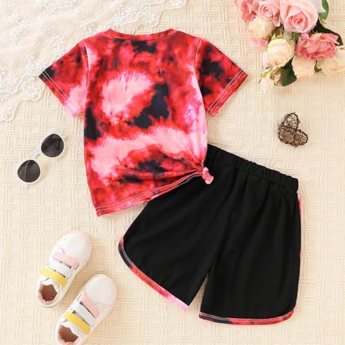 Image of Kids Girl Clothes Tie Dye Heart Print Short Sleeve Top and Shorts Toddler Girl Summer Outfits Short Set