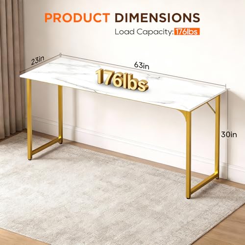Image of PayLessHere | 63 Inch Computer Desk | White Gold | Office Desk with Metal Frame, Adjustable Feet | Water-Resistant, Scratchproof Surface | Sturdy Writing Table for Home Office or Study | Pack of 1