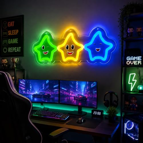 Image of Cute Stars Neon Sign Gaming LED Neon Light for Wall Decor, Dimmable Colorful Cartoon Stars for Gaming Room Bedroom Kids Room Party Decoration Gifts for Kids