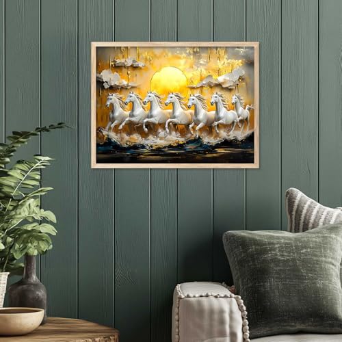 Image of HOTHOUSE 7 Horses Vastu Frame Wall Art Painting for Living Room Bedroom Office Home Decor | Seven Running Vastu Lucky Horse Rising Sun Painting Wall Decor Size (10X13 inch)