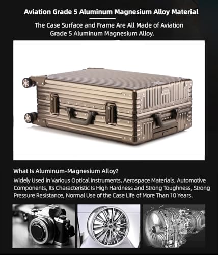 All Aluminum Magnesium Alloy Hardside Luggage 29 inch, Large Zipperless Luggage Metal Hardshell Suitcases with Spinner Wheels, Fashion Metal Rolling Trunk Suitcases Case for Travel, Business (Brown)3