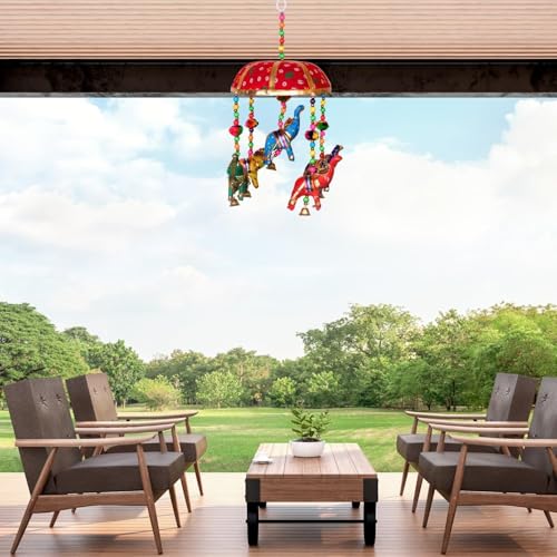 Image of Rajasthani Multicolor Elephants Jhoomer with Bell - Decorative Wind Chimes for Door & Wall Hanging, Ideal Home Decor & Gift Showpiece (Red)