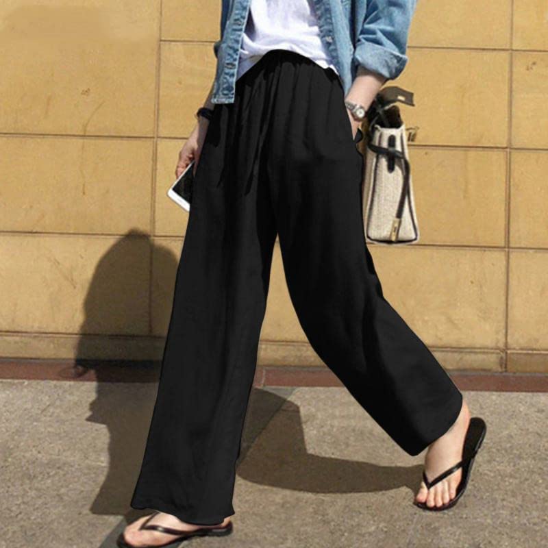 Akivide Wide Leg Linen Pants for Women High Waist Drawstring Summer Beach Casual Loose Cotton Palazzo Pants Pockets3