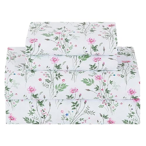 Image of Softan Vintage Floral Full Bed Sheets, Cozy Microfiber Flower Printed Sheets with 15 inch Deep Pocket Fitted Sheet & Non-Slip Straps, Patterned Botanical Wildflower Sheets & Pillowcase Set
