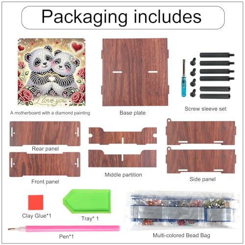 Image of DIY Diamond Art Storage Box with Flip-Top Lid, Happy Panda Design Wooden Diamond Painting Organizer with 4 Divided Compartments, Portable Desktop Craft Storage Basket for Accessories and Supplies