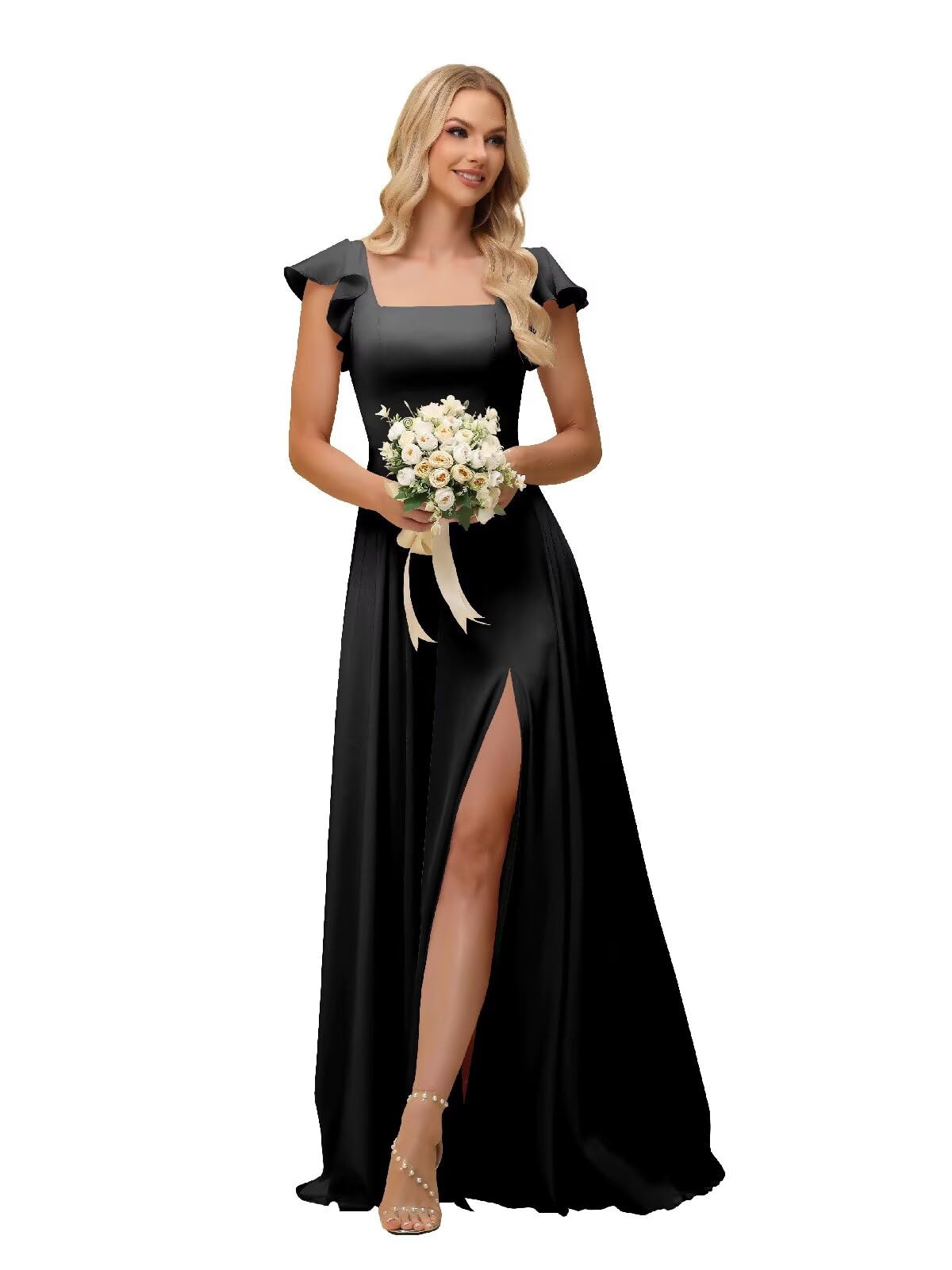 Xijun Satin Bridesmaid Dresses Long for Wedding Ruffle Sleeve Square Neck Formal Evening Dress for Women with Slit