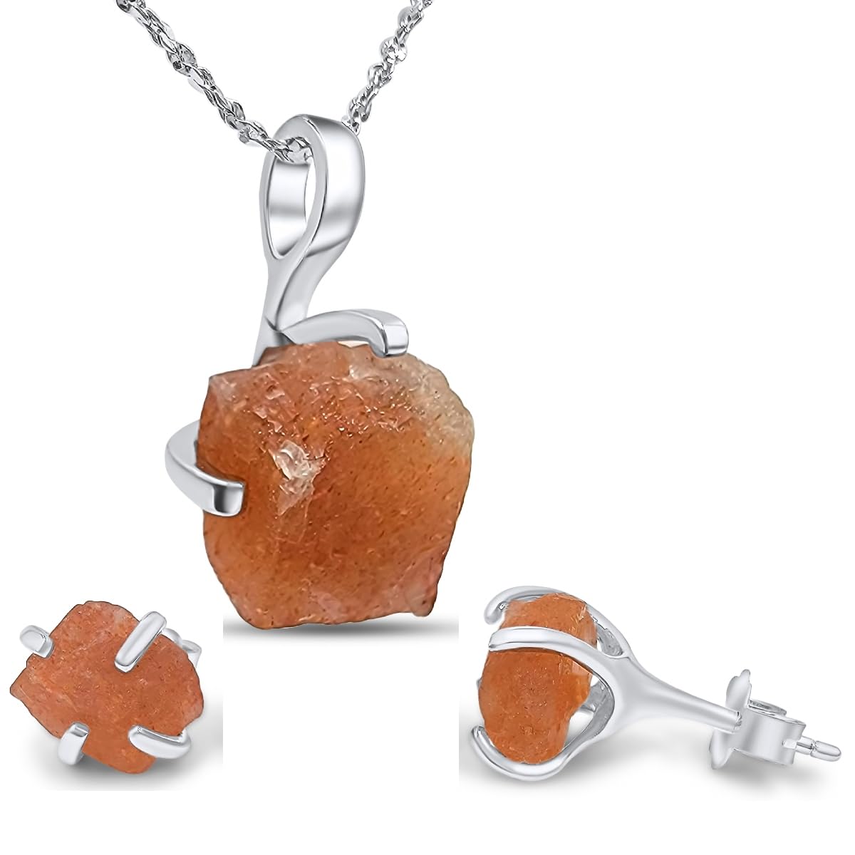 Real raw sunstone jewelry set with 925 sterling silver real gold plated birthstone necklace and earring set gift for her by Uniquelan Jewelry (Sunstone, white-gold)