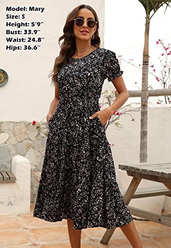 NAVINS Women Floral Print Puff Sleeve Tiered A-Line Swing Midi Dress with Pockets NA10023