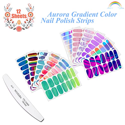 Jerclity 12 Sheets Aurora Gradient Color Nail Polish Strips With Nail File Self-Adhesive Graffiti Cloud Rainbow Nail Stickers Full Nail Wraps For Women Kids Nail Strips Manicure Kit For Diy Nail Art #TOP1