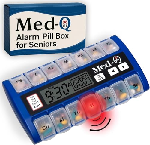 Med-Q Digital Pill Box with Alarms – Pill Organizer with Flashing Lights & Beeping Reminders – Monthly Pill Dispenser for Seniors, Dementia, Alzheimer’s, Medication & Vitamin Management