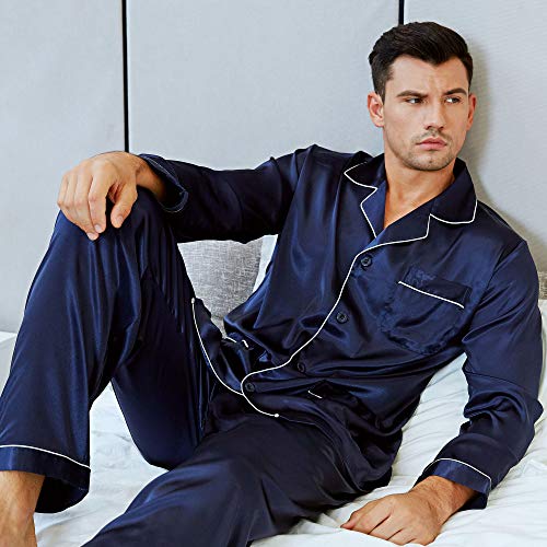 Image of Lonxu Pajamas Set Mens Silk Satin Pajamas Long Sleeve Loungewear Two-Piece Sleepwear Button-Down Pj Set S-XXXXL