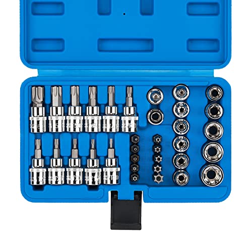 casoman CASOMAN 34 Pieces 3/8-Inch Drive Torx Bit Socket and E-Torx (Star) Socket Set, CR-V & S2 Steel, E4-E20, T10-T60, Tamper Proof TT10-TT55, 5/16"F to 3/8"M Adapter