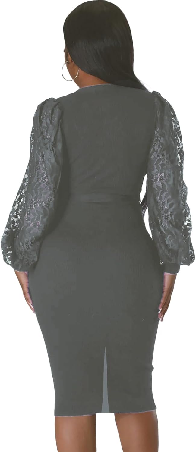 BOGURST Semi Formal Church Dresses for Women Bishop Sleeve Sexy V Neck Bodycon Midi Dresses - Image 3