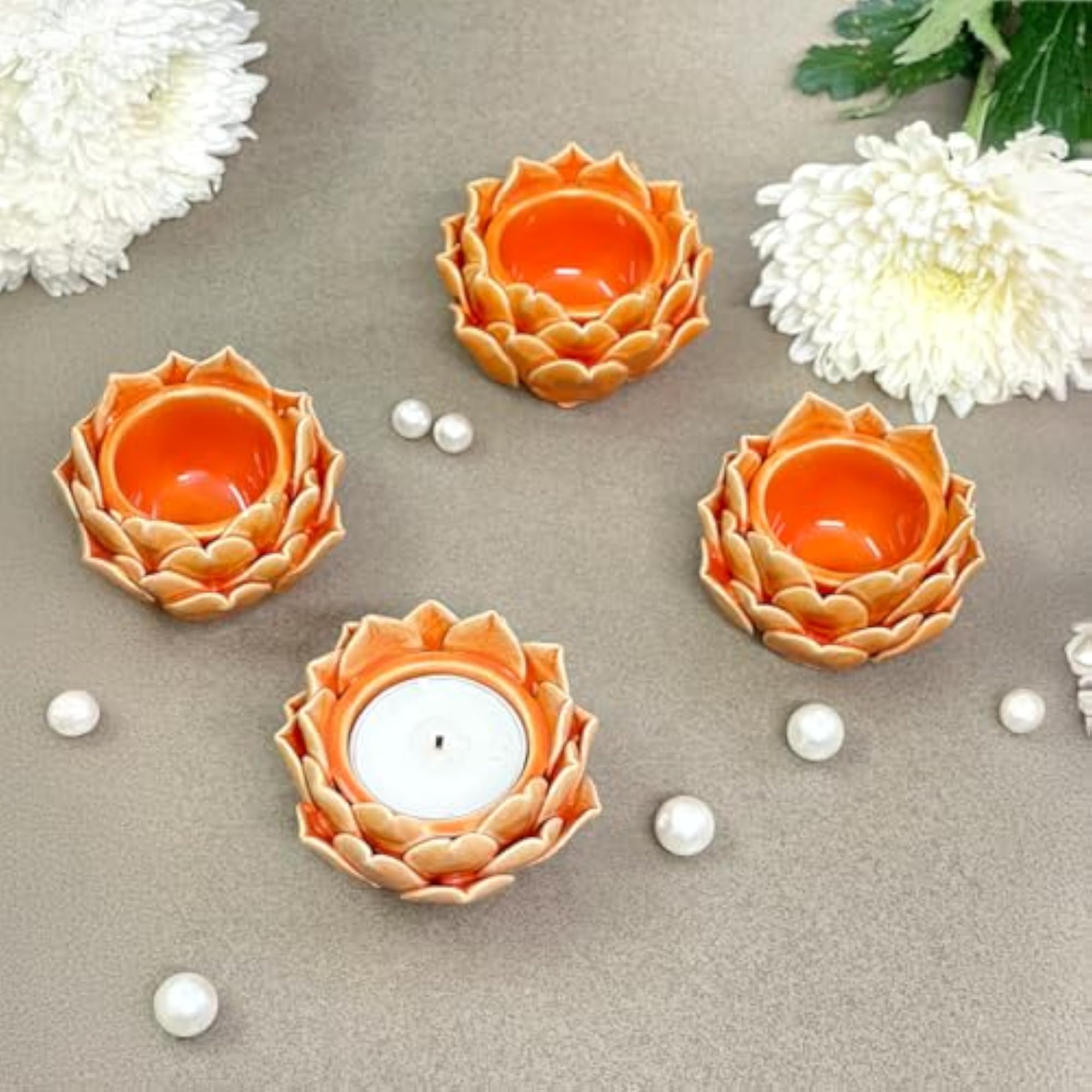 Ceramic Lotus Flower Diya Candle Holder Set, 4pcs