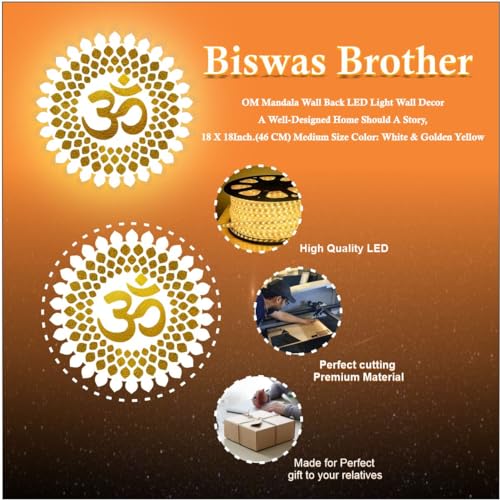 Image of BISWAS Brother OM Mandala Wall Back LED Light Wall Decor A Well-Designed Home Should A Story:18X18Size Color: Brown & Golden Yellow,White & Golden Yellow (White, 18x18 inch)