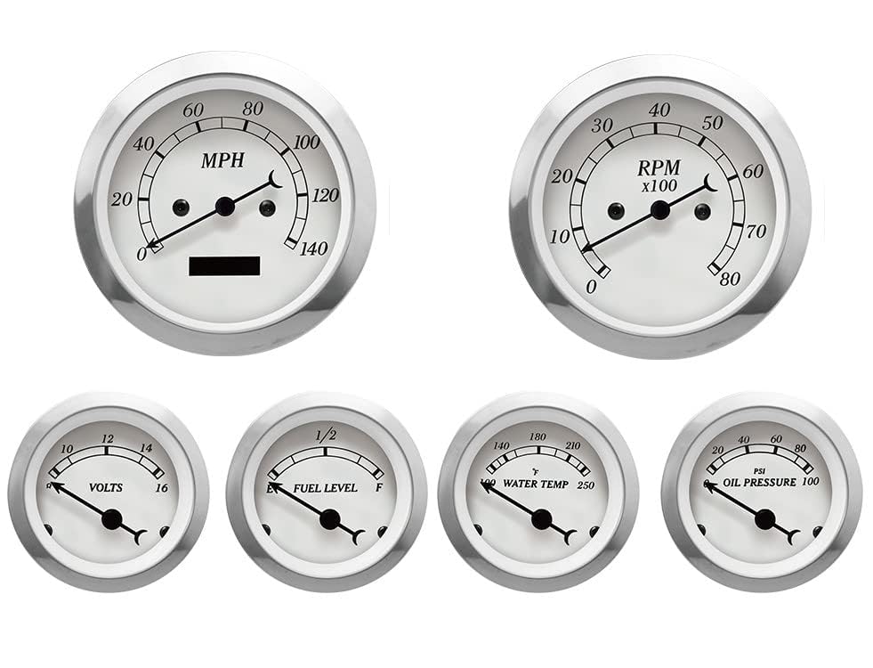 Image of Classic Electrical 6 Gauge Set White Dial Black Needle | With ECU Based, 85mm, 3-3 /8 inch, 52mm, 2-1 /16 inch, Speedometer Digital Odometer, Light Bulb Illumination, Car, Automobile