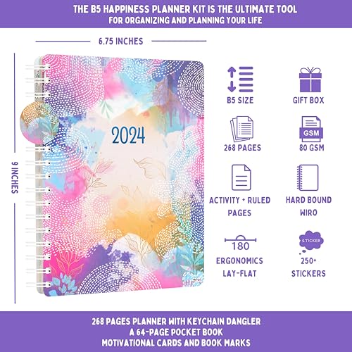Image of Doodle I The Happiness Undated B5 Planner Kit I 250+ Stickers + Bookmarks + Pocket Planner with Premium Gift Box | Tear Away Note Cards & Quote Cards | Activity Pages | To do lists I 268 Pages I 80 GSM I Wiro Bound (Blushed Hues)