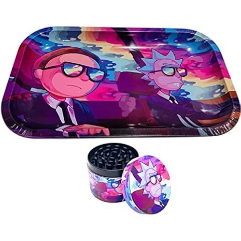 TPLF Combo Set of Rick and Morty Rolling Plate 27 x 16 cm Solid Iron + Assorted Grinder 50 mm Diameter in 4 Parts Zinc Spice Mill, Black Cover