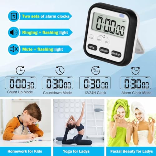 Image of Multipurpose Digital Kitchen Timer with Loud Alarm, LCD Display, Magnetic Back & Stand, Countdown Stopwatch for Cooking, Study & Baking - Multicolor