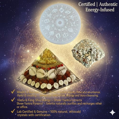 Image of inchOriginal Pyrite Stone with Natural Selenite Charging Plate and Shree Yantra Pyramid | Lab Certified Crystal Set for Wealth, Business Luck, Reiki Healing & Vastu Energy inch (SEL)