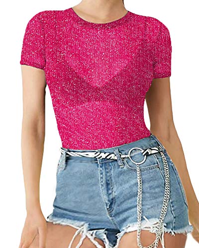 Image of MANGOPOP Women's Long Sleeve Short Sleeve Glitter Sheer Mesh Tops T Shirt Blouse Clubwear, 1113 (Rose Pink), X-Large