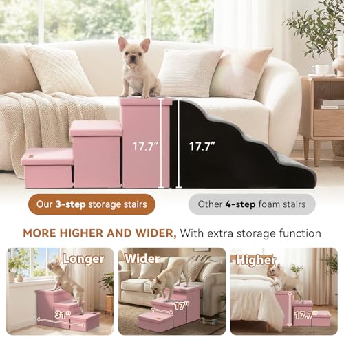 Image of Zerbuger Dog Stairs with Storage, Pink 3 Steps Dog Ramp no Condo for Bed | 18 inch H Small Dog Steps for High Beds Couch, Folding Storage Pet Stairs Gift for Climbing Small /Medium /Large Old Dogs Cats