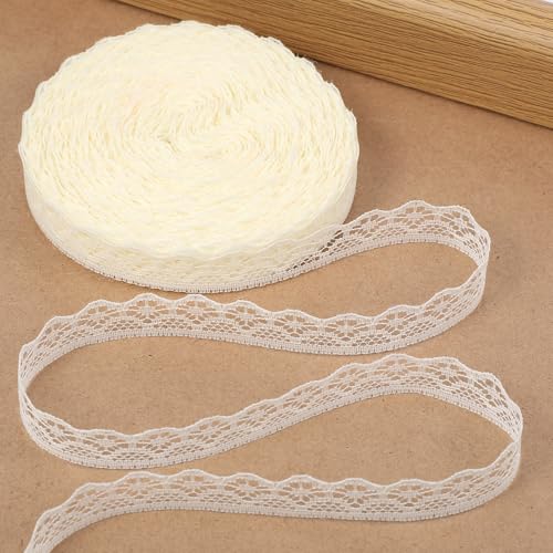 27M Spitzenband Beige Vintage Weiss Spitze 15cm Spitzenborte Beige Breit Dekostoff Spitzenstoff Vintage Spitzenband Häkelspitze Baumwolle Dekoband Zierband Spitzenborte für Hochzeit Deko DIY Nähen
