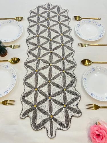 Image of Handmade Silver Gold Beaded Dining Table Runner | Decorative Console Runner for Dining Table, Festive Home Decor & Elegant Gifting | Luxury Handcrafted Bead Work Table Runner