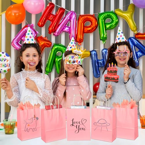 Image of BLEWINDZ 32Pcs Small Paper Gift Bags with Tissues, Pink Party Favor Bags with Handles, 8.7 inch Goodie Bag for Birthday, Shopping, Party Supplies