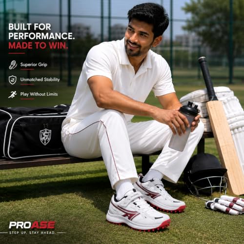Image of Pro ASE Lightweight Cricket Shoes - Durable & Comfortable | Ideal for Turf, Ground & Hard Surfaces | Allrounder Design with Studs, Velcro & Superior Grip | White, Blue, Green, Red