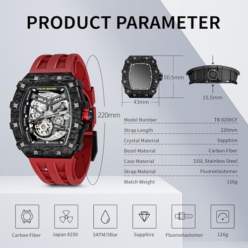 Image of TSAR BOMBA Men's Automatic Watch Tonneau Luxury Skeleton Watches for Men Mechanical 50M Waterproof Analogue Watches Mens Unique Cool Square Big Face Dial Wristwatch with Silicone Strap Band