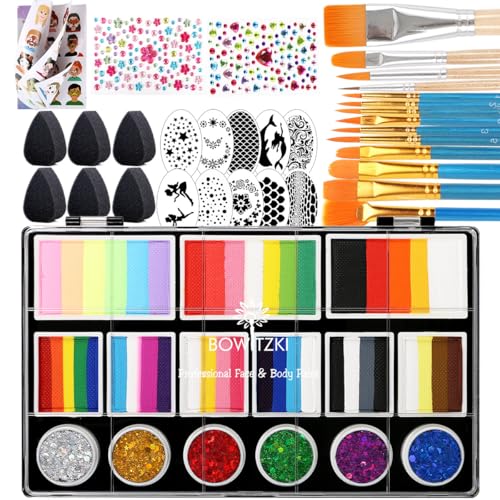 Bowitzki Kit de Peinture Visage Split Cake avec Glittle 18 Couleurs Ensemble Professionnel de Peinture Corporelle Matrice One Stroke Non Toxique Arc-en-ciel...