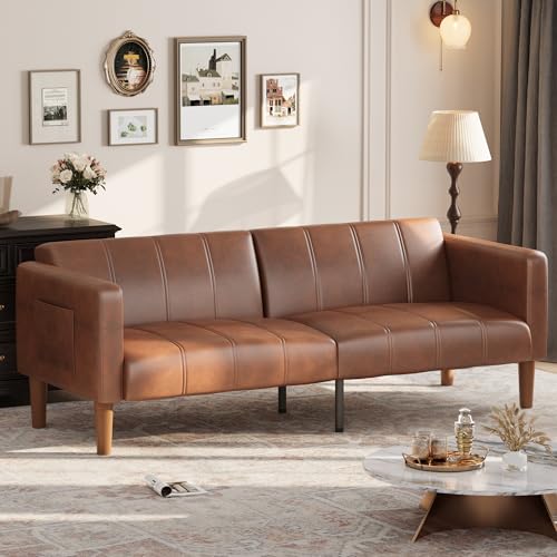 Image of GarveeHome Futon Sofa Bed, 75-Inch Modern Faux Leather Convertible Couch, Mid-Century Loveseat for Small Space, Living Room, Bedroom, Brown