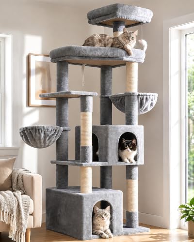 Image of Globlazer Sturdy Cat Tree for Indoor Cats 20 lbs, S68, Cloud Grey | 68-inch Large Cat Tower for Adult Big Cats, Heavy Duty Cat Tree with Extra Large Platform, 5 Scratching Post