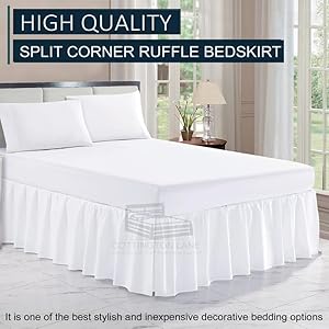 Ruffled bed skirt queen size with split corner white dust ruffle queen 15 inch drop bed skirt hotel quality ruffles bed skirt with platform three side coverage easy fit made brushed microfiber  urban country home decor