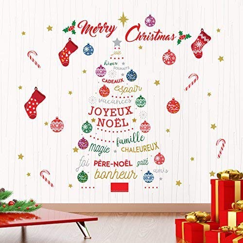 Wallflexi Christmas Decorations Wall Stickers "Merry Christmas & French Quotes Christmas Tree" Wall Murals Decals living Room Children Nursery School Restaurant Cafe Hotel Home Office Décor