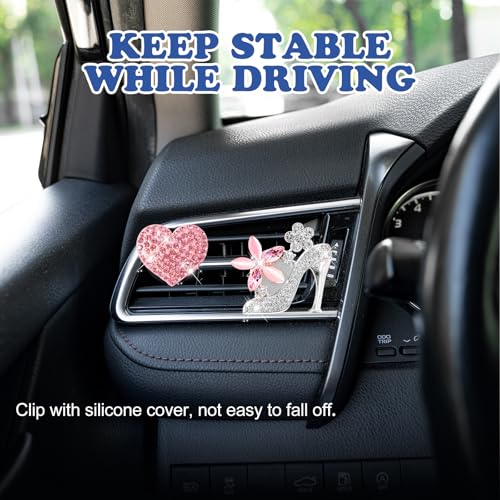Image of Rislobx 4PCS Bling Air Vent Clips, Crystal Diamond Heart Cross High Heel Shoe Perfume Bottle Diffuser Vent Clip Cute Rhinestone Car Accessories Decoration for Women (Pink)