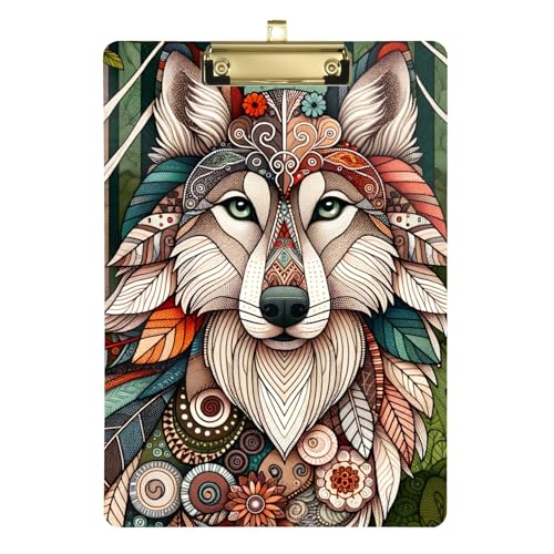 Boho Wolf 花柄 両面プリント 描画クリップボード レディース メンズ 12.5インチ x 9インチ