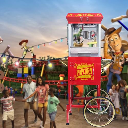 Image of Montary 8 Oz Commercial Popcorn Machine with Cart,650W Vintage Style Popcorn maker Equipped with Popcorn Scoops，Heated Deck & Storage for Home Movie House and Carnival,Red