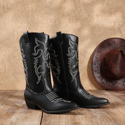 DREAM PAIRS Women's Cowboy Boots Pull On Cowgirl Boots Mid Calf Western Boots, Available in Regular and Wide Calf,Size 7.5,Black-Pu,SDMB2218W