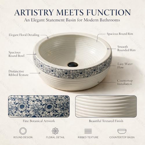 Image of Backline Moroccan Table Top Wash Basin For Bathroom | Matt Basin | Countertop Basin For Home /Office /Hotels 41 X 41 X 14 Cm(White Blue Matt)(5 Years Warranty)