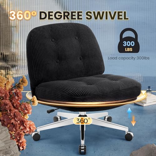 Image of IWMH Armless Office Chair with Wheels, Height Adjustable Criss Cross Legged Desk Chair, Widened and Thickened Ergonomic Computer Chairs, Wide Seat Vanity Chairs for Office Bedroom (Black)
