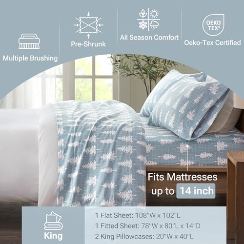 True North by Sleep Philosophy Cozy Flannel Warm 100% Cotton Sheet - Novelty Print Animals Stars Cute Ultra Soft Cold Weather Bedding Set, King, Blue Forest 4 Piece