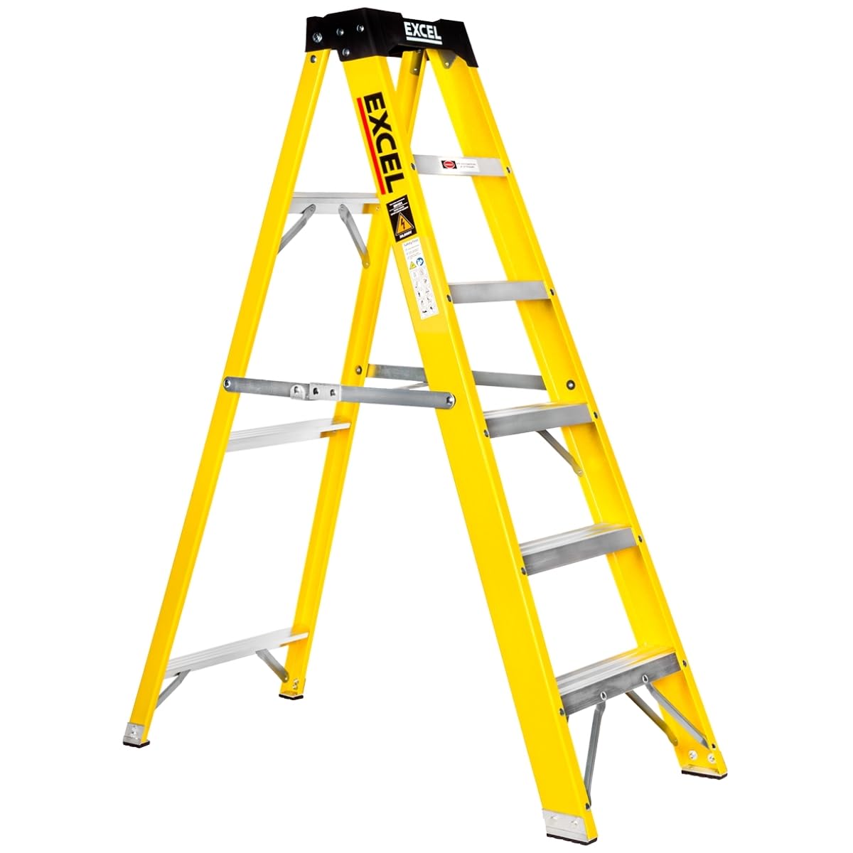 Excel Yellow Electricians Fibreglass Step Ladder 6 Tread 1.44M – Heavy Duty Folding Stepladder, Lightweight & Non-Conductive Fibreglass Ladder