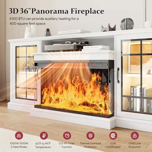 Image of MXV 80'' Fireplace TV Stand, Farmhouse Entertainment Center with 3 Sided Glass TV Stand, Modern Media Console Table with Storage Drawers & Cabinets with LED Flame and Lights for Living Room, White