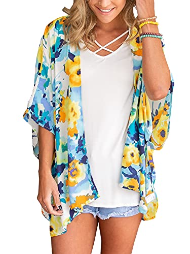 Image of Chunoy Women Summer Chiffon Floral Kimono Cardigan Cape Short Sleeve Casual Lightweight Beach Wear Cover Up Yellow Small