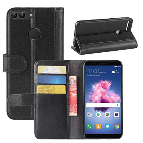Huawei P Smart Case, Huawei Enjoy 7S Case, Fettion Genuine Leather Wallet Flip Phone Protective Case Cover with Card Slots for Huawei Enjoy 7S / Huawei P Smart Smartphone (Black)